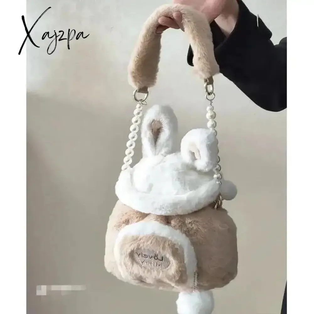 Kawaii Japanese Bag Autumn and Winter Soft Plush Storage Bag Women Bag Messenger Bag Cute Bunny Ears Large Capacity Tote Bag