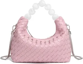 Mini Deluxe Leather Handmade Woven Women's Tote with Beaded Carrying Handle Age Reduced Elegant Chain Crossbody Bag