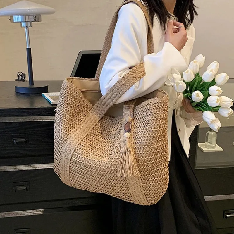 Oversized Summer Woven Straw Beach Bag with Tassel Decor