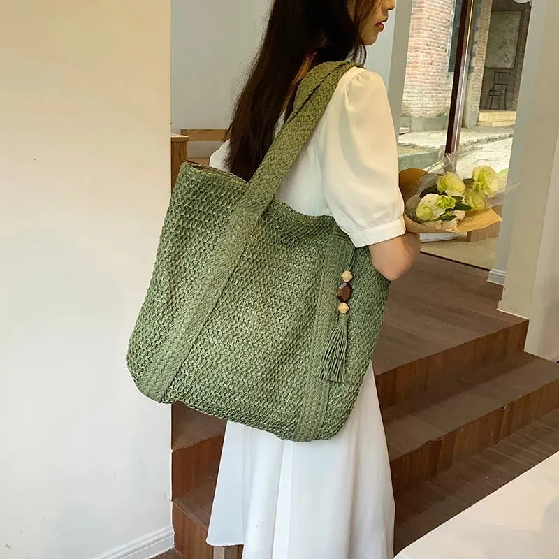 Oversized Summer Woven Straw Beach Bag with Tassel Decor
