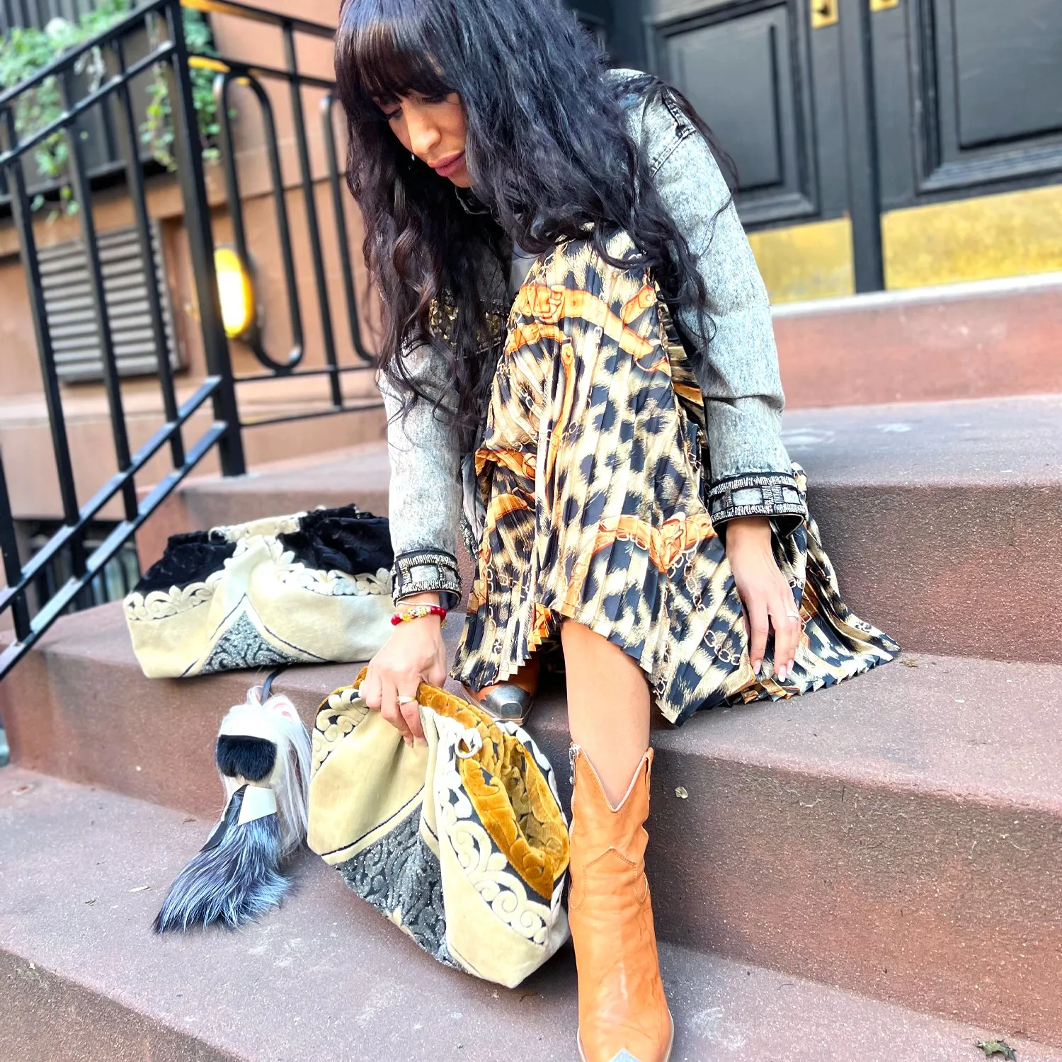 Pillow Clutch in Black & Beige Velvet
