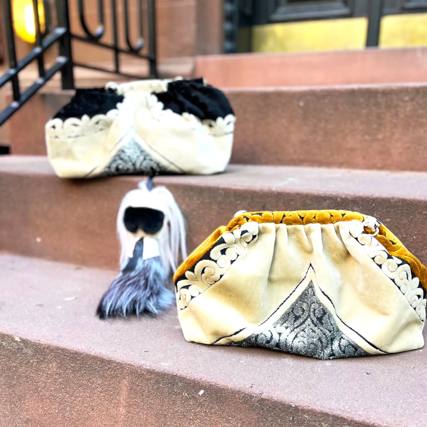 Pillow Clutch in Black & Beige Velvet