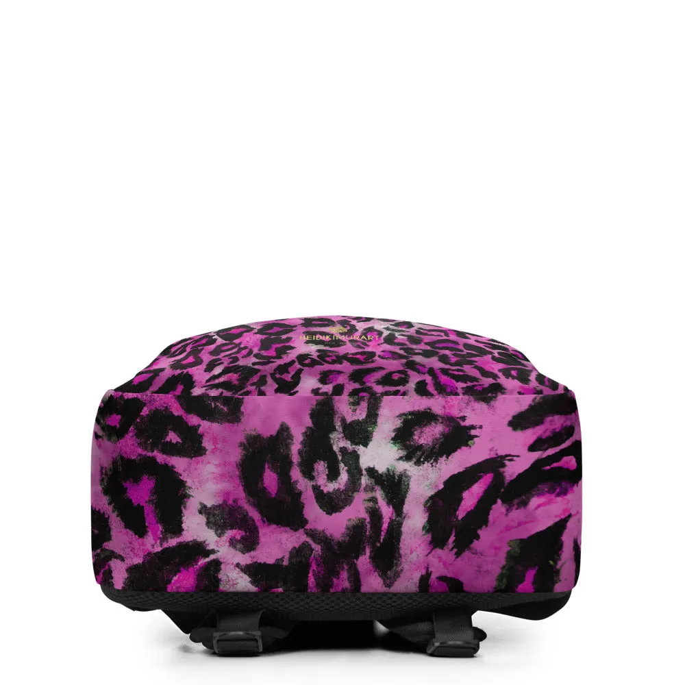 Pink Leopard Backpack, Animal Print Designer Minimalist Backpack Travel Bag Carry On- Made in EU