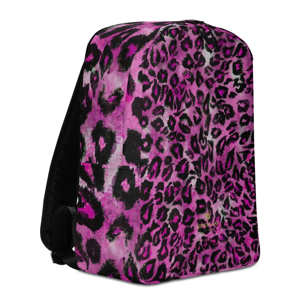 Pink Leopard Backpack, Animal Print Designer Minimalist Backpack Travel Bag Carry On- Made in EU