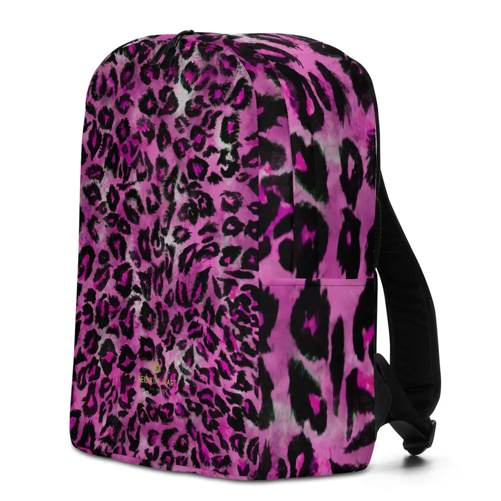 Pink Leopard Backpack, Animal Print Designer Minimalist Backpack Travel Bag Carry On- Made in EU
