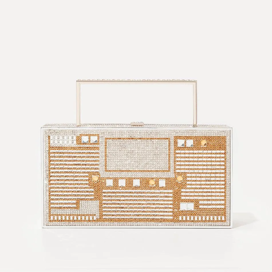 "T-BOO Color Diamonds Radio Evening Clutch Bag with Metal Handle: Shiny Rhinestone Purse and Handbags Designer"