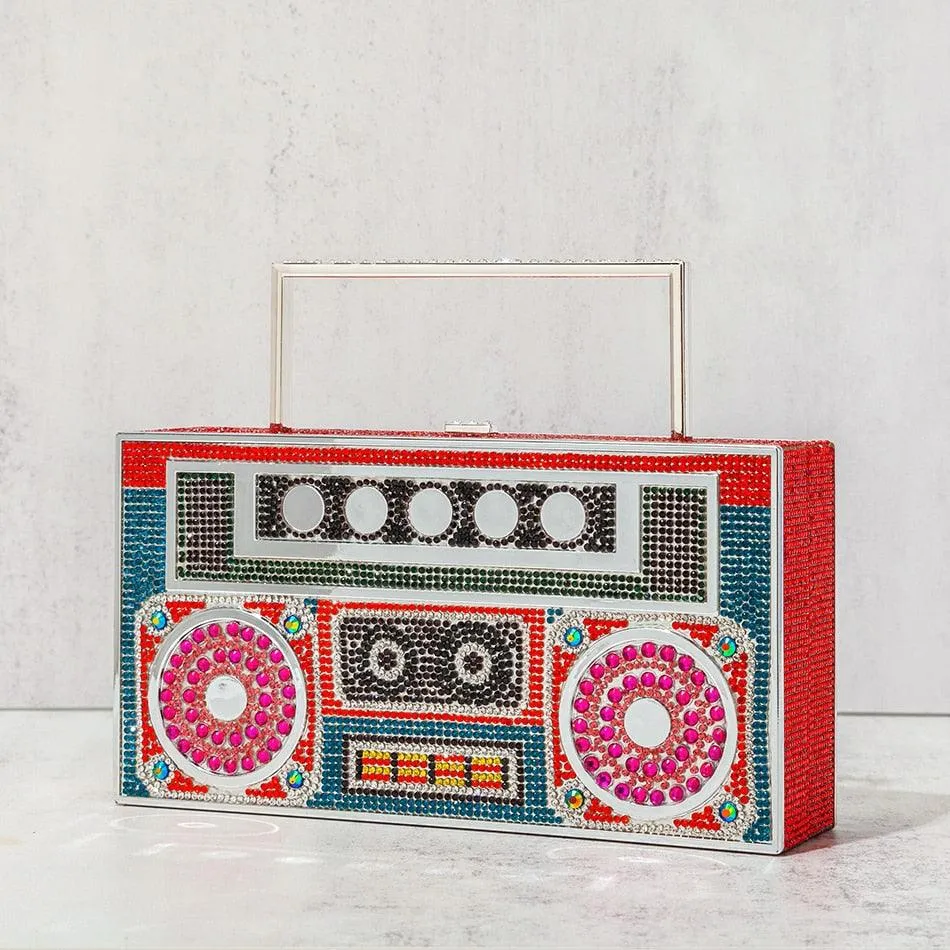 "T-BOO Color Diamonds Radio Evening Clutch Bag with Metal Handle: Shiny Rhinestone Purse and Handbags Designer"