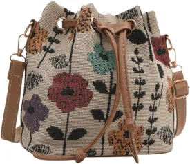 QWINEE Women's Floral Drawstring Bucket Bag Retro Vintage Small Crossbody Bag with Detachable Strap