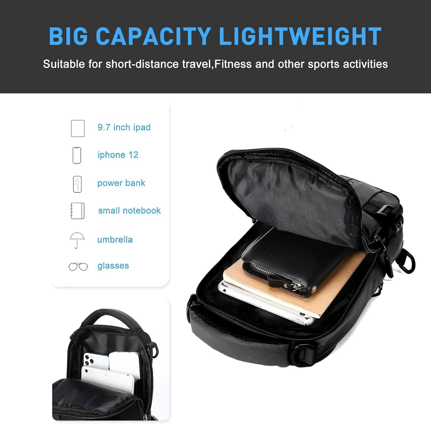SEAFEW Anti Theft Sling Crossbody Backpack Shoulder Bag for Men, Lightweight One Strap Motorcycle Back pack Sling Bag Backpack for Hiking Walking Biking Travel Cycling with USB Charger Port