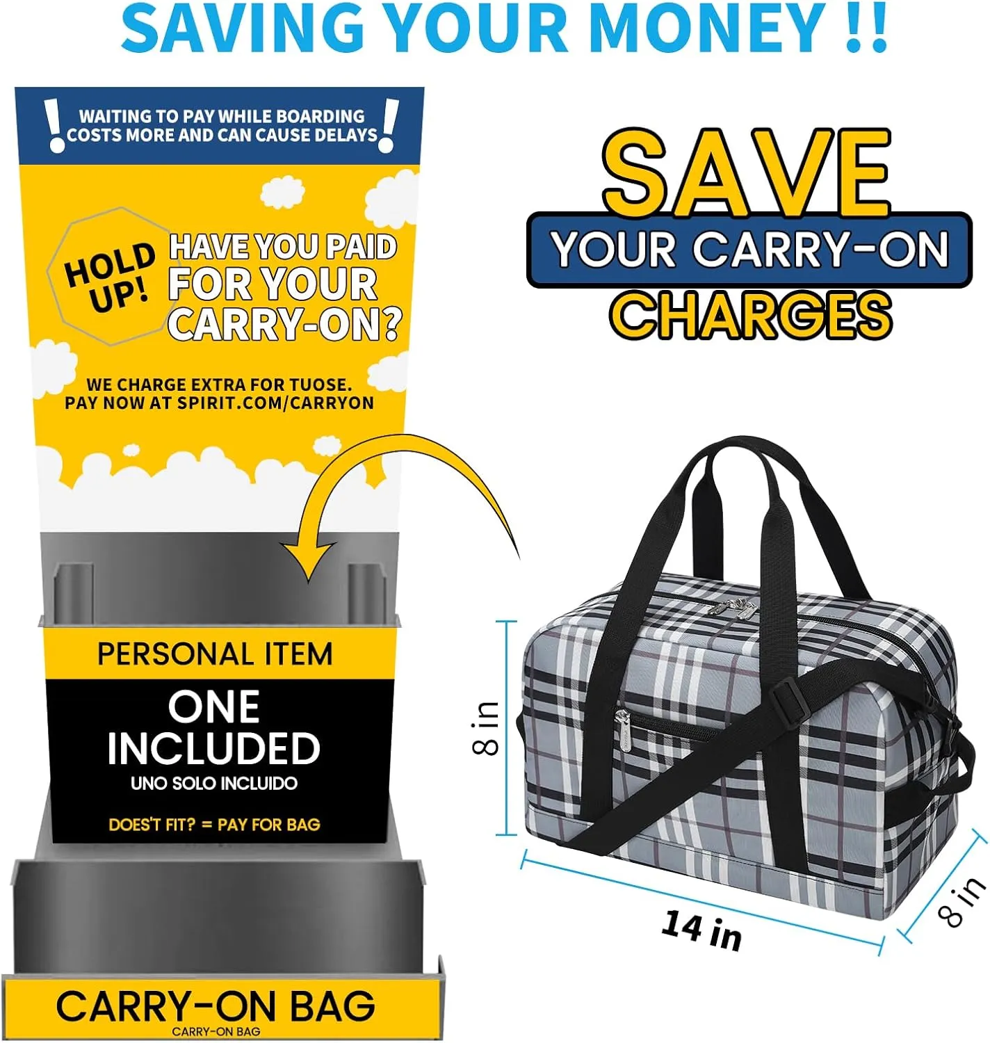 Small Gym Bag 14 inch lightweight Carry On Mini Duffel Bag for Travel Sport - Gray white plaid