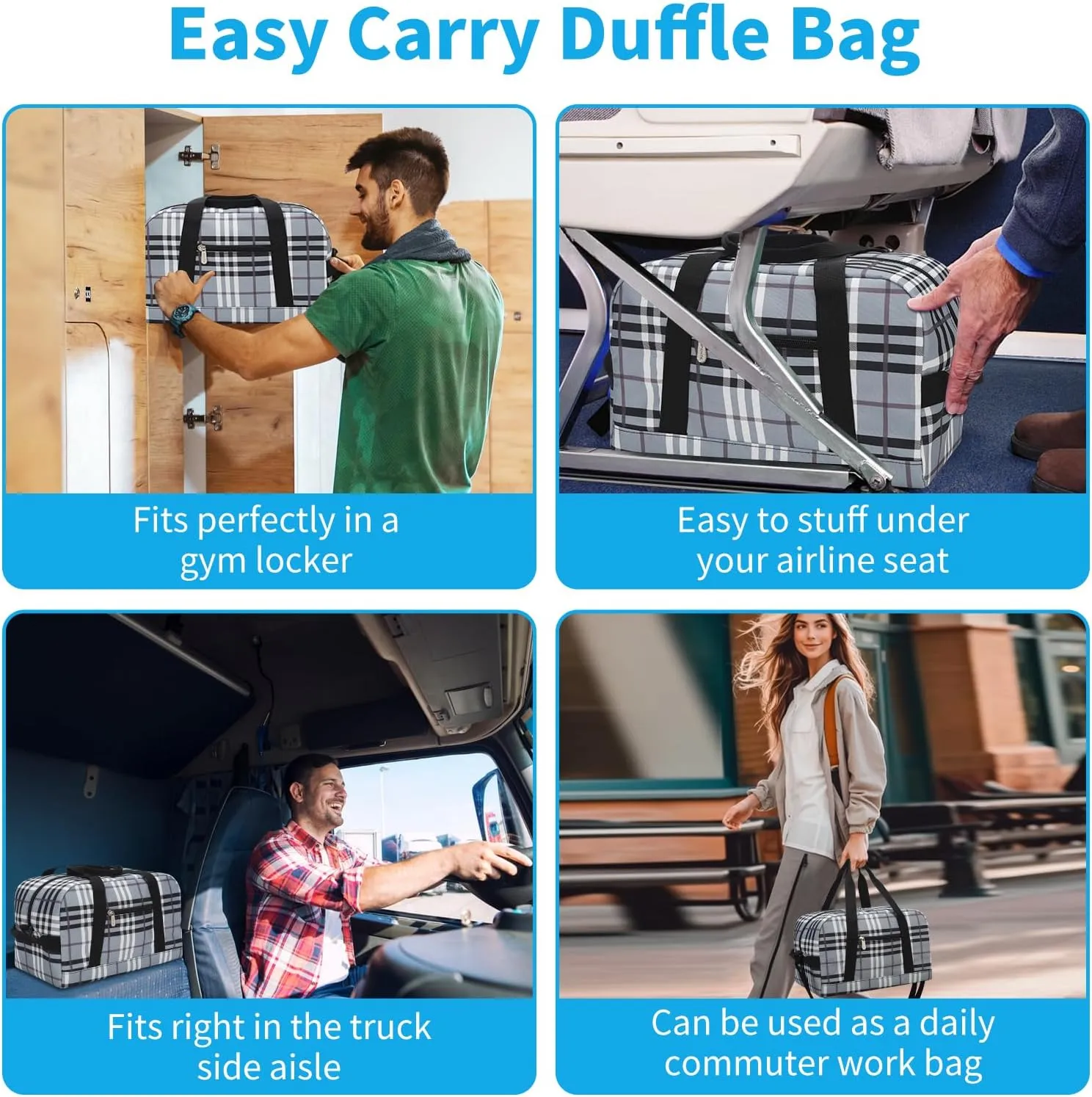 Small Gym Bag 14 inch lightweight Carry On Mini Duffel Bag for Travel Sport - Gray white plaid