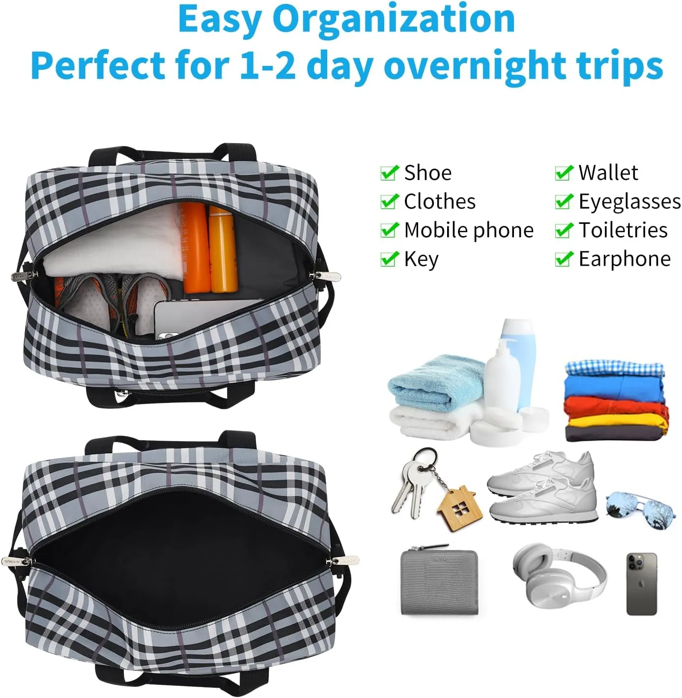 Small Gym Bag 14 inch lightweight Carry On Mini Duffel Bag for Travel Sport - Gray white plaid