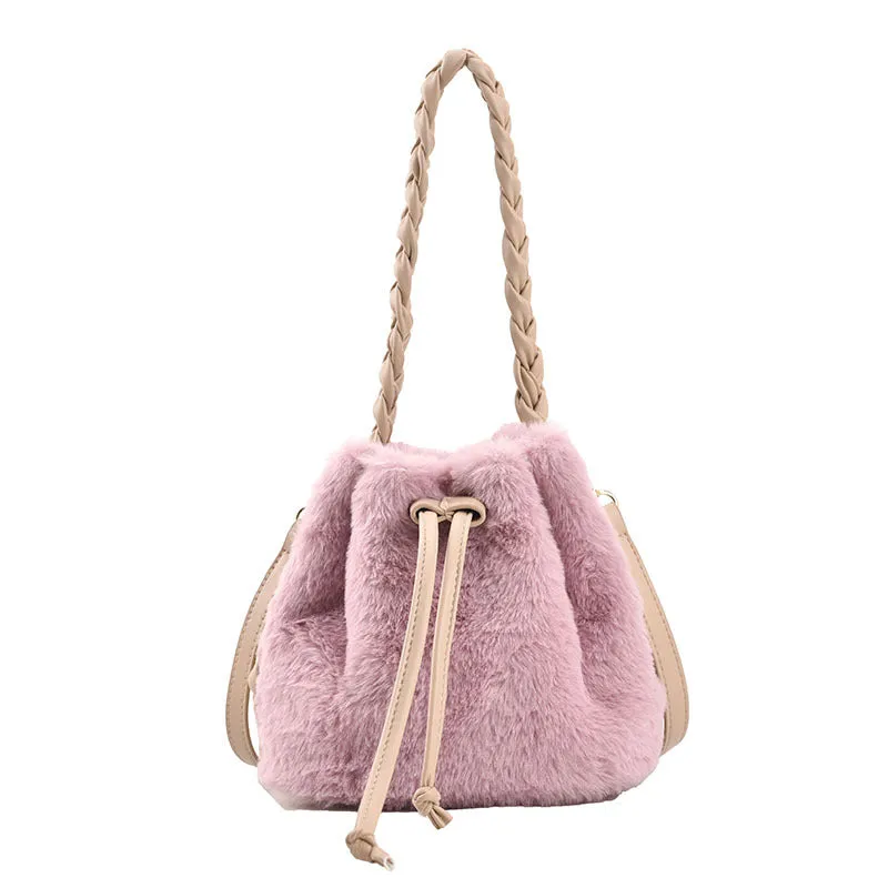 Sohiwoo Casual Plush Drawstring Bucket Bag All Match Crossbody Bag Faux Fur Handbag Purse For Women