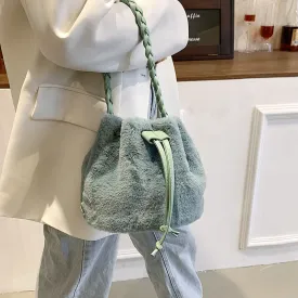 Sohiwoo Casual Plush Drawstring Bucket Bag All Match Crossbody Bag Faux Fur Handbag Purse For Women