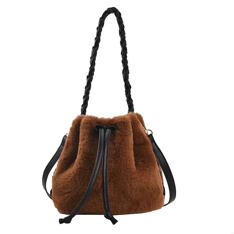 Sohiwoo Casual Plush Drawstring Bucket Bag All Match Crossbody Bag Faux Fur Handbag Purse For Women
