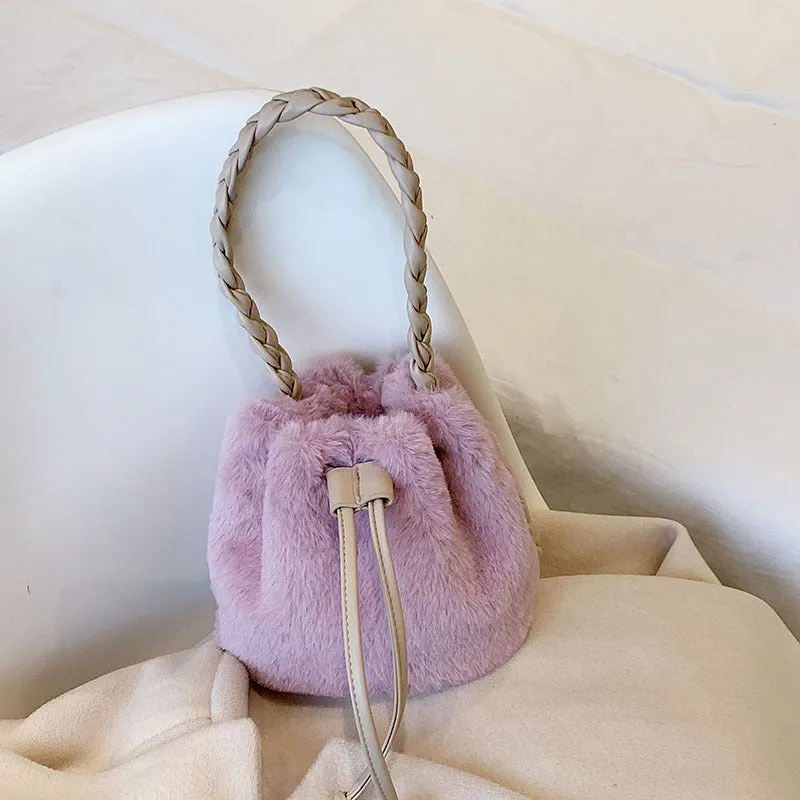 Sohiwoo Casual Plush Drawstring Bucket Bag All Match Crossbody Bag Faux Fur Handbag Purse For Women