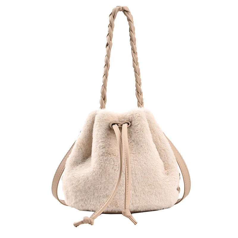 Sohiwoo Casual Plush Drawstring Bucket Bag All Match Crossbody Bag Faux Fur Handbag Purse For Women