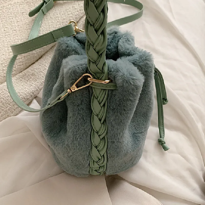 Sohiwoo Casual Plush Drawstring Bucket Bag All Match Crossbody Bag Faux Fur Handbag Purse For Women