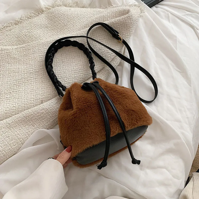 Sohiwoo Casual Plush Drawstring Bucket Bag All Match Crossbody Bag Faux Fur Handbag Purse For Women