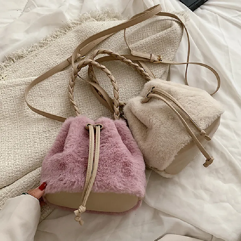 Sohiwoo Casual Plush Drawstring Bucket Bag All Match Crossbody Bag Faux Fur Handbag Purse For Women