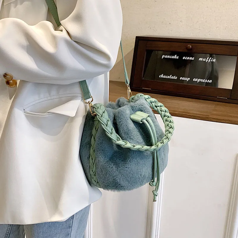 Sohiwoo Casual Plush Drawstring Bucket Bag All Match Crossbody Bag Faux Fur Handbag Purse For Women