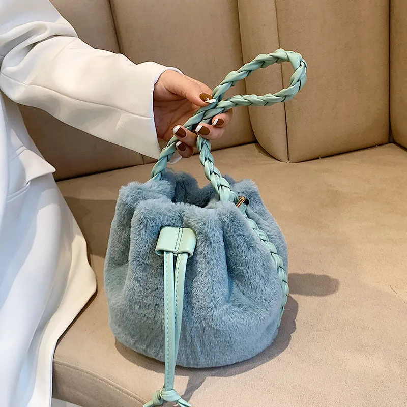 Sohiwoo Casual Plush Drawstring Bucket Bag All Match Crossbody Bag Faux Fur Handbag Purse For Women