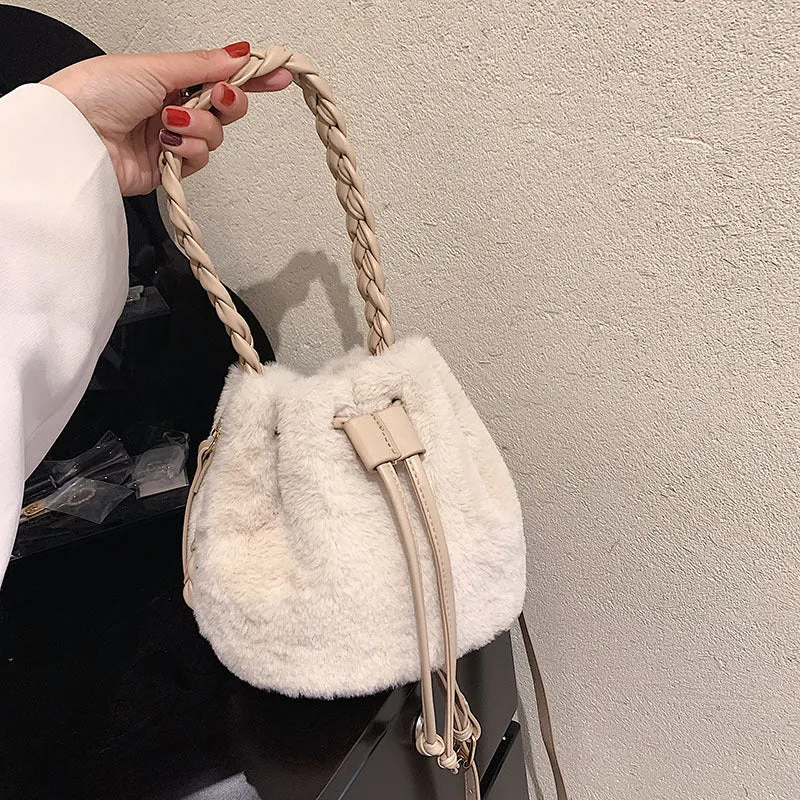 Sohiwoo Casual Plush Drawstring Bucket Bag All Match Crossbody Bag Faux Fur Handbag Purse For Women