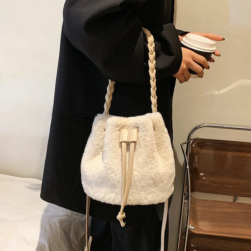 Sohiwoo Casual Plush Drawstring Bucket Bag All Match Crossbody Bag Faux Fur Handbag Purse For Women