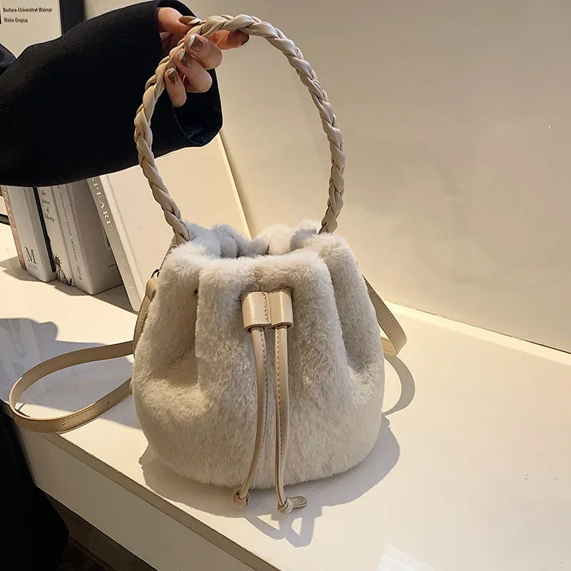 Sohiwoo Casual Plush Drawstring Bucket Bag All Match Crossbody Bag Faux Fur Handbag Purse For Women