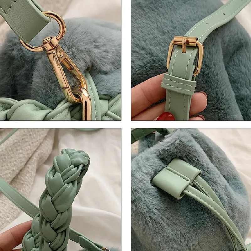 Sohiwoo Casual Plush Drawstring Bucket Bag All Match Crossbody Bag Faux Fur Handbag Purse For Women