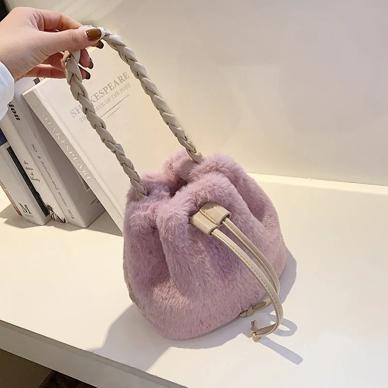 Sohiwoo Casual Plush Drawstring Bucket Bag All Match Crossbody Bag Faux Fur Handbag Purse For Women