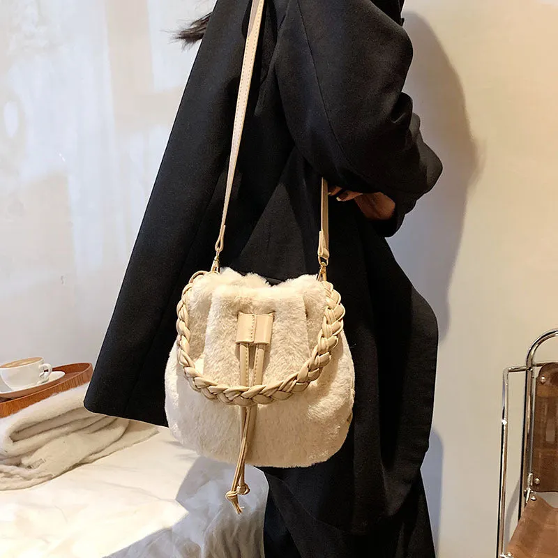 Sohiwoo Casual Plush Drawstring Bucket Bag All Match Crossbody Bag Faux Fur Handbag Purse For Women