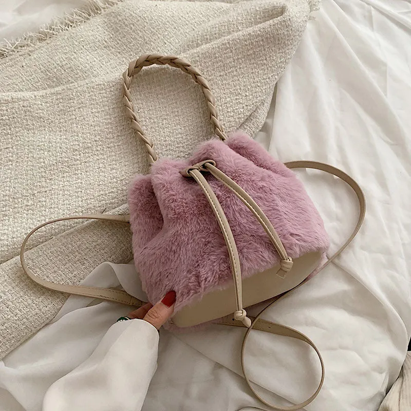 Sohiwoo Casual Plush Drawstring Bucket Bag All Match Crossbody Bag Faux Fur Handbag Purse For Women