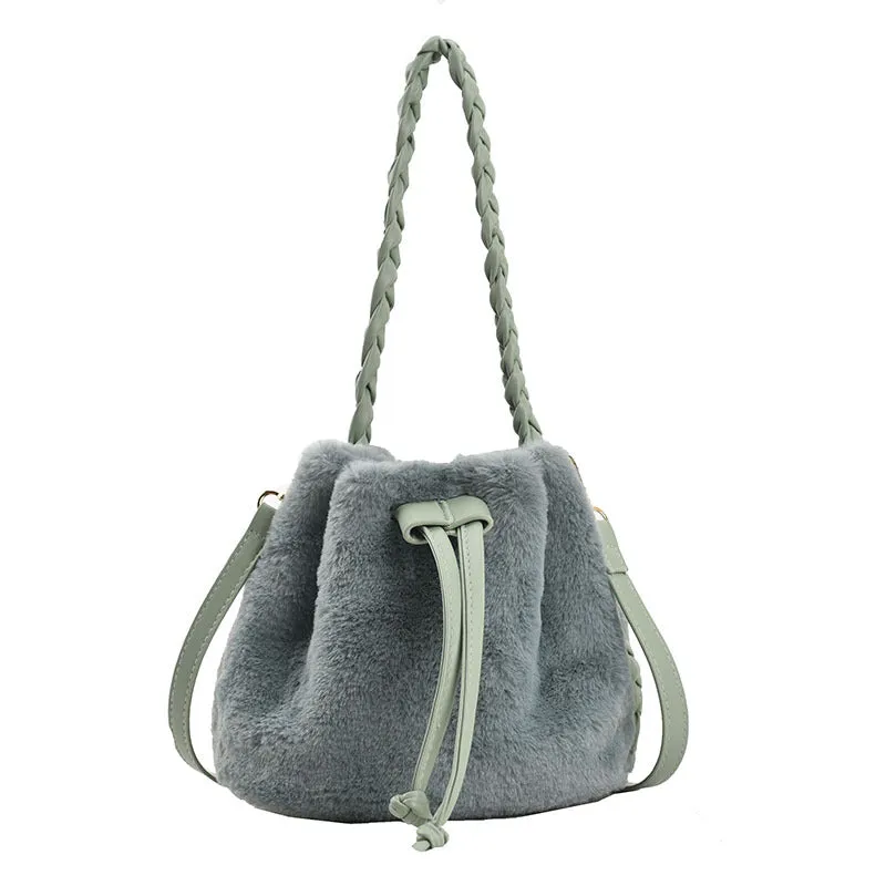 Sohiwoo Casual Plush Drawstring Bucket Bag All Match Crossbody Bag Faux Fur Handbag Purse For Women