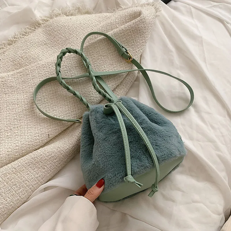 Sohiwoo Casual Plush Drawstring Bucket Bag All Match Crossbody Bag Faux Fur Handbag Purse For Women
