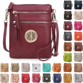 Solene Women's Faux Leather Organizer Multi Zipper Pockets With Detachable Wristlet Crossbody Bag