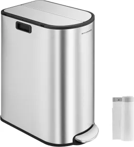 SONGMICS 13-Gallon Dual Kitchen Trash Can, 5.3 and 8 Gallon Compartments, Garbage Can with Wing Lids, Stainless Steel, Soft Close, Inner Buckets, Metallic Silver ULTB570E50