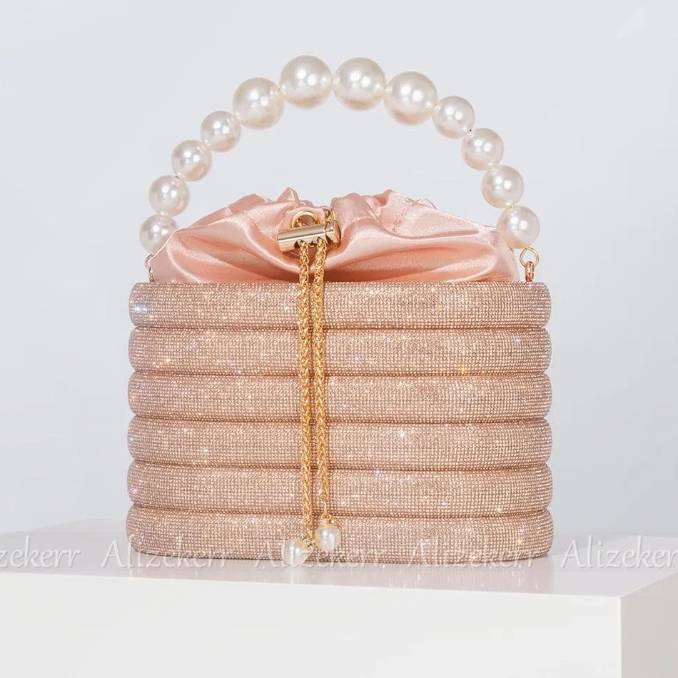 T-BOO Sparkly Crystal Evening Clutch Bags  Shiny Handbag with Pearl Handle Elegant Rhinestone Purse And Handbags for Bridal Wedding Party