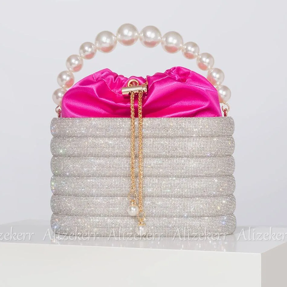 T-BOO Sparkly Crystal Evening Clutch Bags  Shiny Handbag with Pearl Handle Elegant Rhinestone Purse And Handbags for Bridal Wedding Party