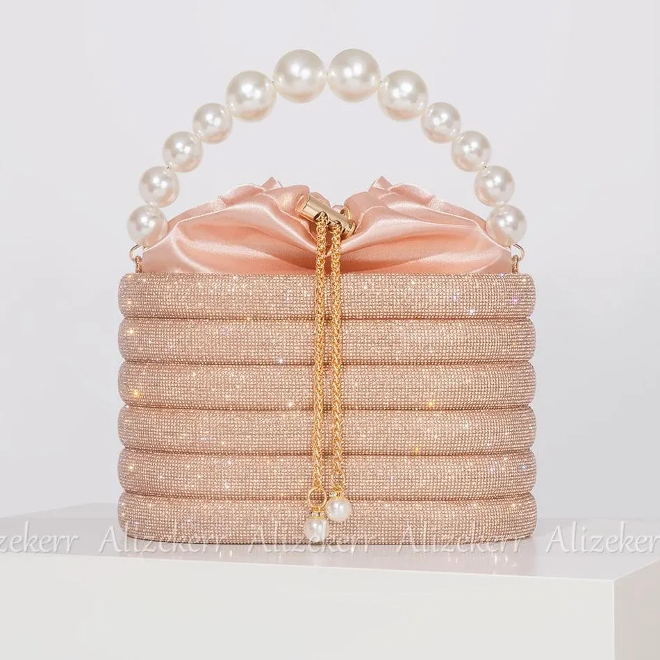 T-BOO Sparkly Crystal Evening Clutch Bags  Shiny Handbag with Pearl Handle Elegant Rhinestone Purse And Handbags for Bridal Wedding Party