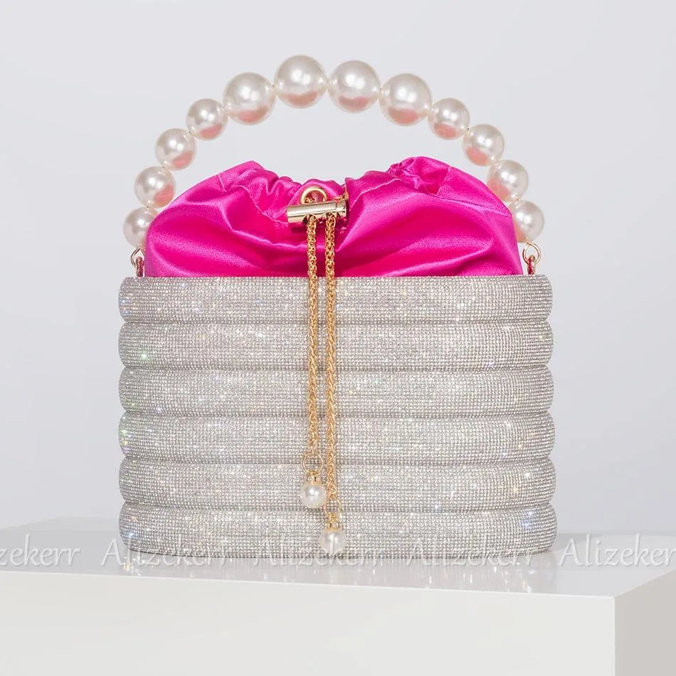 T-BOO Sparkly Crystal Evening Clutch Bags  Shiny Handbag with Pearl Handle Elegant Rhinestone Purse And Handbags for Bridal Wedding Party