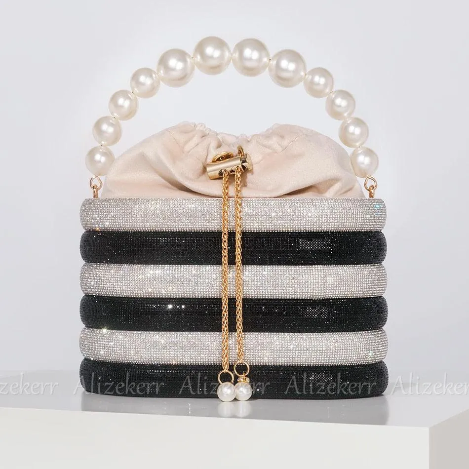 T-BOO Sparkly Crystal Evening Clutch Bags  Shiny Handbag with Pearl Handle Elegant Rhinestone Purse And Handbags for Bridal Wedding Party