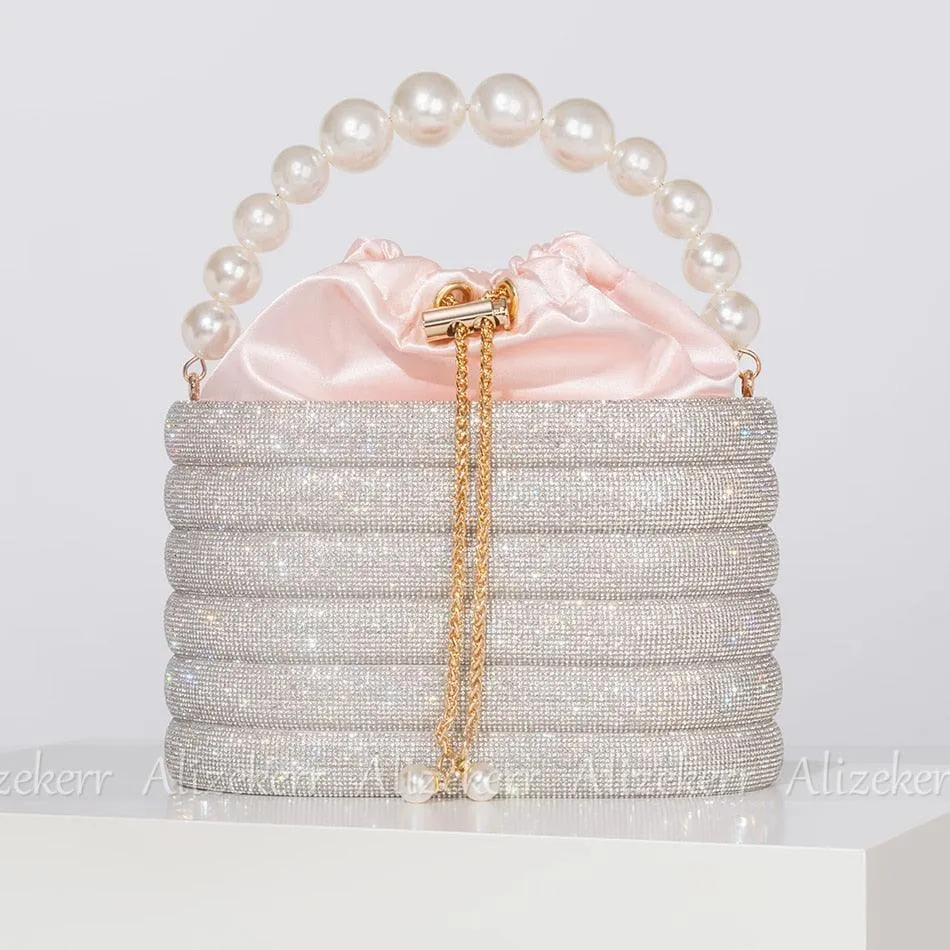 T-BOO Sparkly Crystal Evening Clutch Bags  Shiny Handbag with Pearl Handle Elegant Rhinestone Purse And Handbags for Bridal Wedding Party