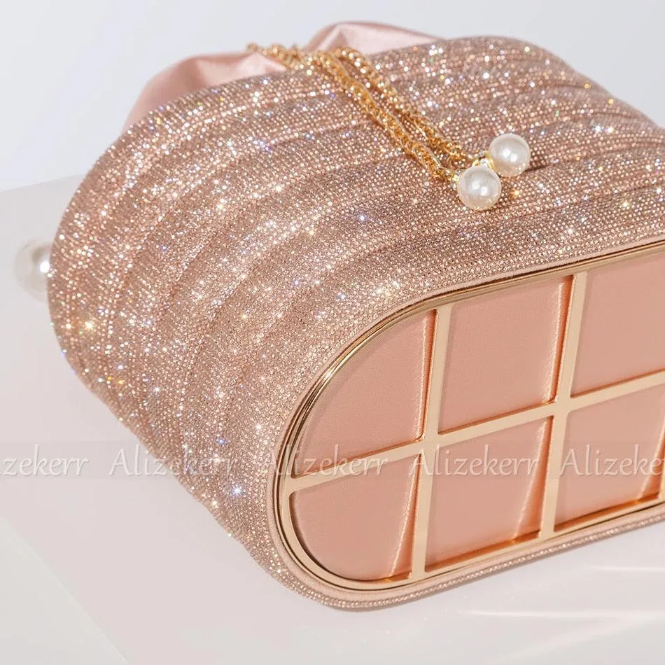 T-BOO Sparkly Crystal Evening Clutch Bags  Shiny Handbag with Pearl Handle Elegant Rhinestone Purse And Handbags for Bridal Wedding Party