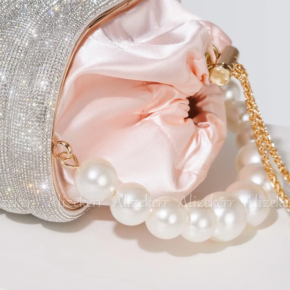 T-BOO Sparkly Crystal Evening Clutch Bags  Shiny Handbag with Pearl Handle Elegant Rhinestone Purse And Handbags for Bridal Wedding Party