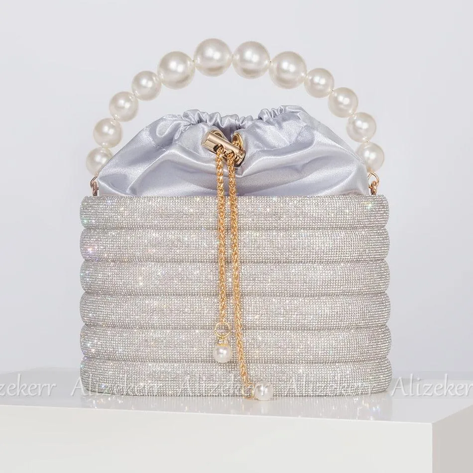 T-BOO Sparkly Crystal Evening Clutch Bags  Shiny Handbag with Pearl Handle Elegant Rhinestone Purse And Handbags for Bridal Wedding Party