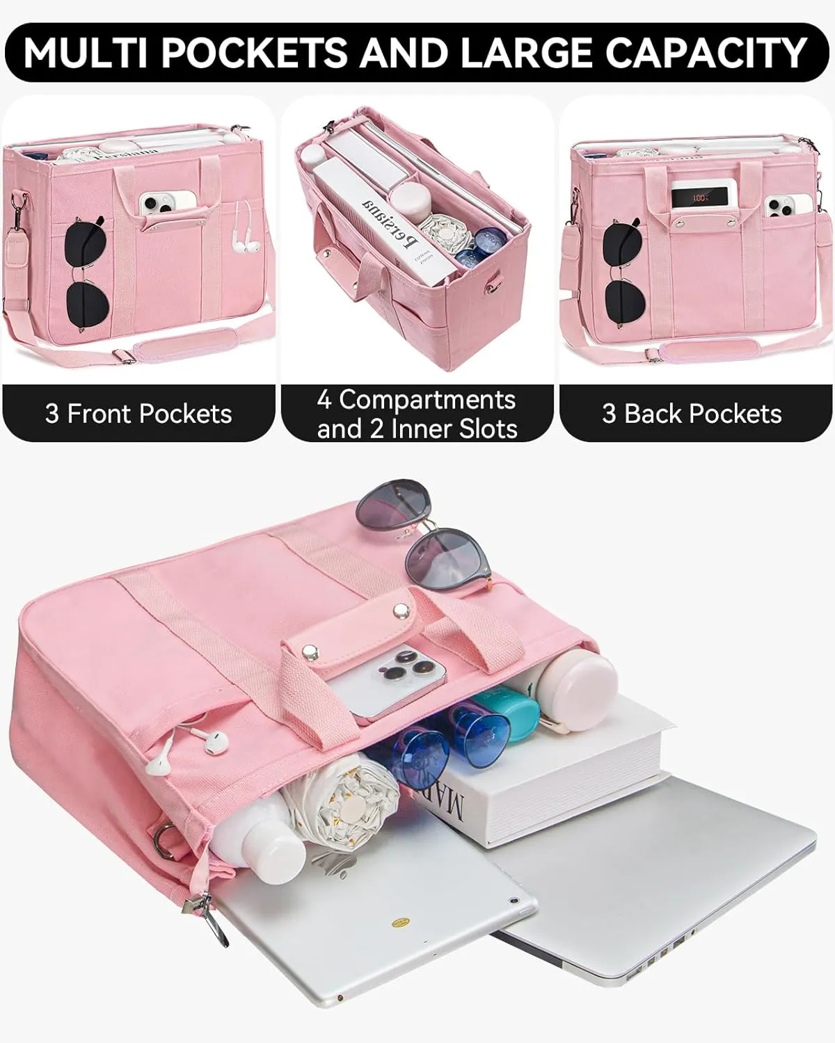 VOFANK Canvas Tote Bag for Women with Zipper and Compartments Large Work Bible Bag Crossbody Shoulder Bag Travel Handbag