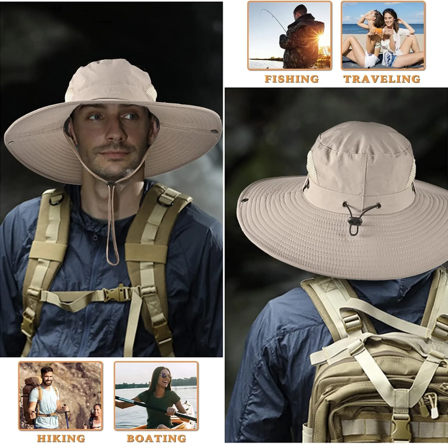 Wide Brim Fishing Sun Hat for Men Women, UPF 50  Waterproof Bucket Boonie Hat Hiking Camping Safari Garden Beach