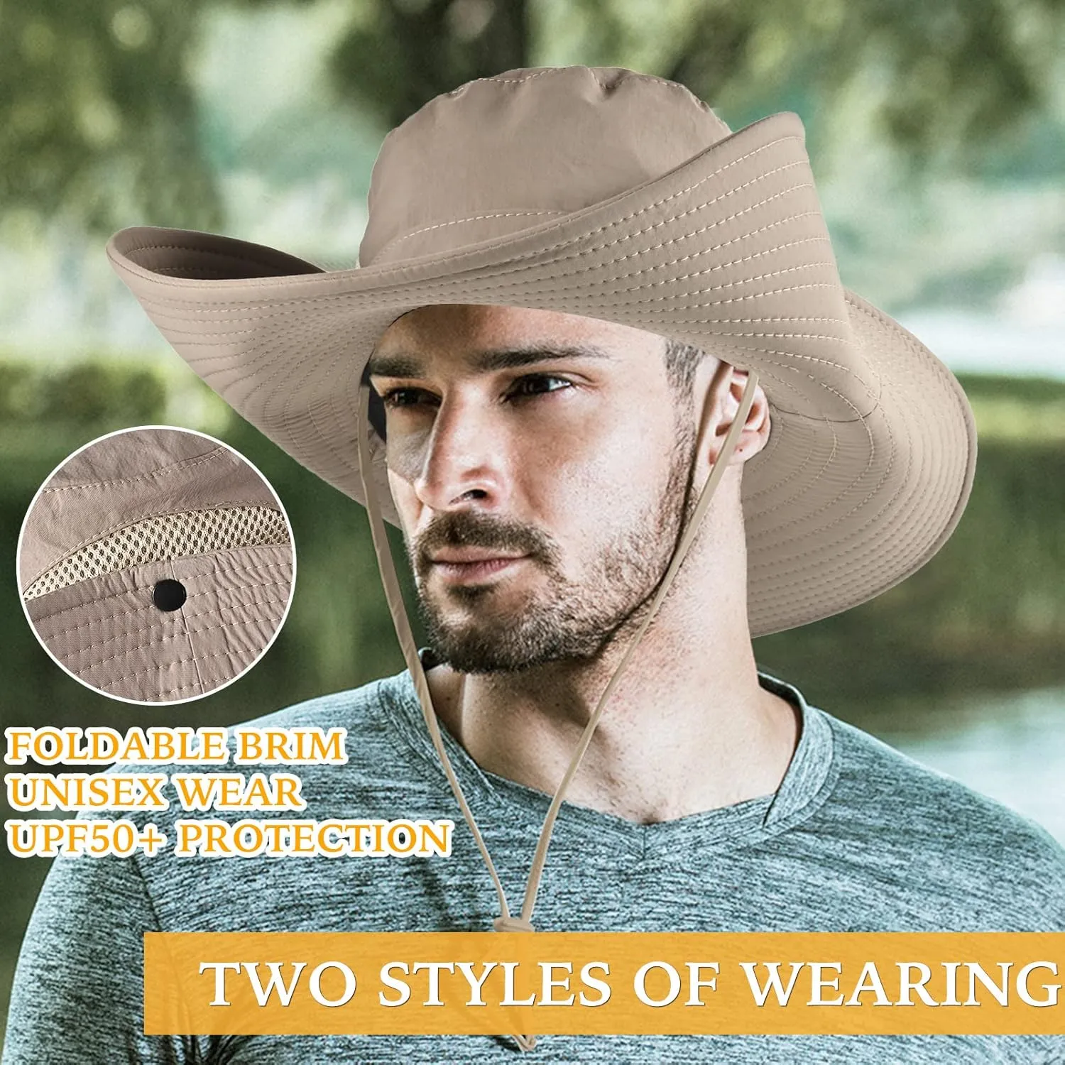 Wide Brim Fishing Sun Hat for Men Women, UPF 50  Waterproof Bucket Boonie Hat Hiking Camping Safari Garden Beach