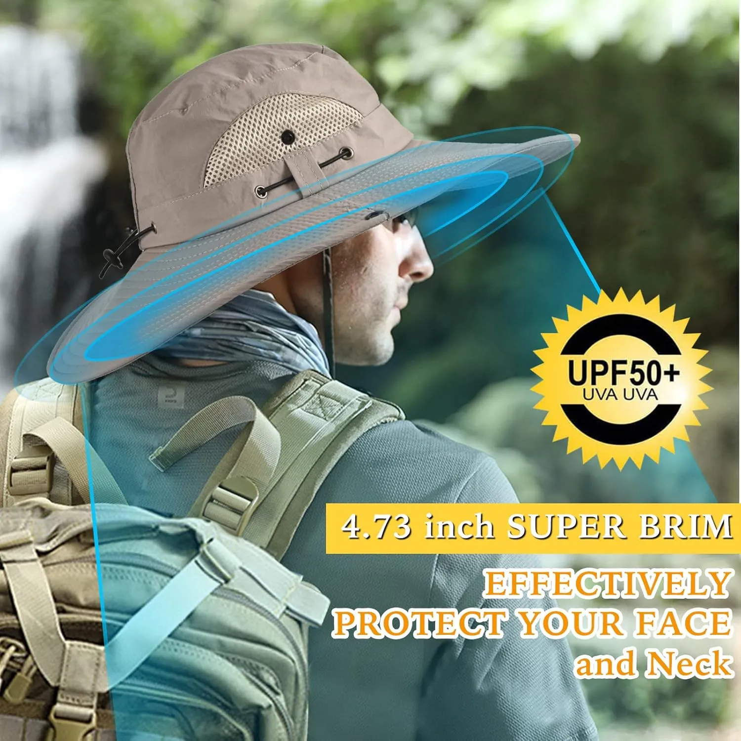 Wide Brim Fishing Sun Hat for Men Women, UPF 50  Waterproof Bucket Boonie Hat Hiking Camping Safari Garden Beach